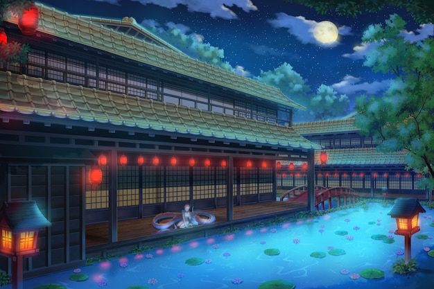 Maison japonaise traditionnelle de fantaisie - nuit.