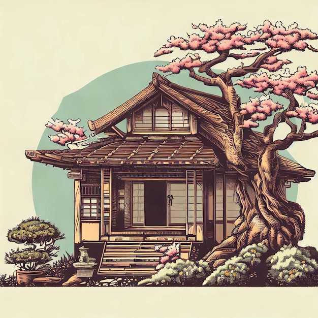 une maison japonaise traditionnelle avec un sakura