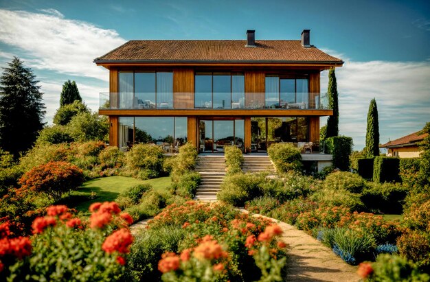 maison avec jardin et ciel bleu