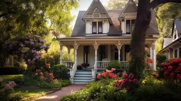 Une maison avec un jardin fleuri devant