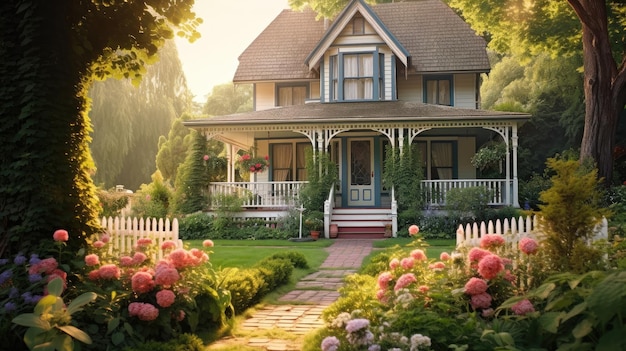Une maison avec un jardin fleuri rose