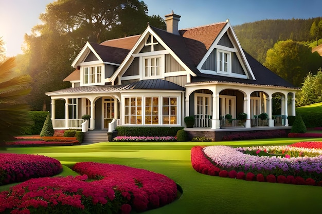 Une maison avec un jardin et des fleurs