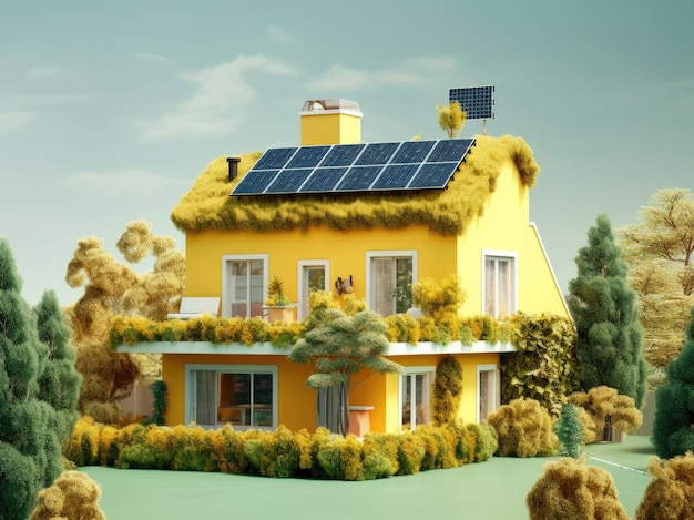 Maison jaune moderne avec jardin et panneaux solaires sur le toit contre le ciel bleu