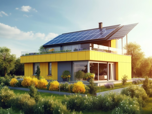 Maison jaune moderne avec jardin et panneaux solaires sur le toit contre le ciel bleu