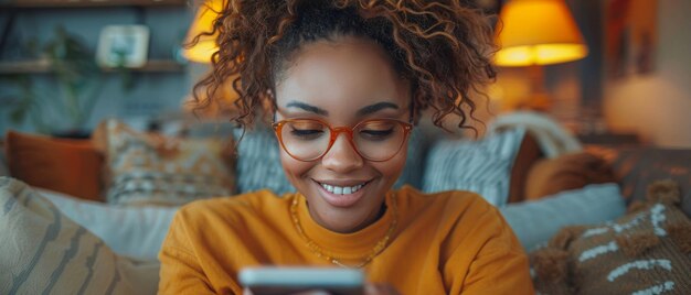 Photo À la maison, une jeune femme avec des lunettes utilise un smartphone, vérifie les applications de téléphone portable, envoie des sms, navigue sur internet pour faire ses courses, regarde son téléphone tout en portant des lunettes.