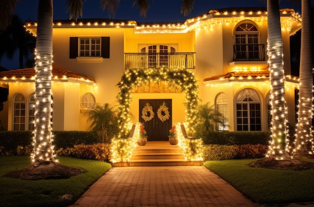 Maison joliment décorée la nuit avec des lumières de Noël