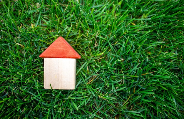 Maison de jouet à partir de cubes en bois écologiques sur l'herbe verte toit rouge assurance propriété hypothécaire personnelle propre