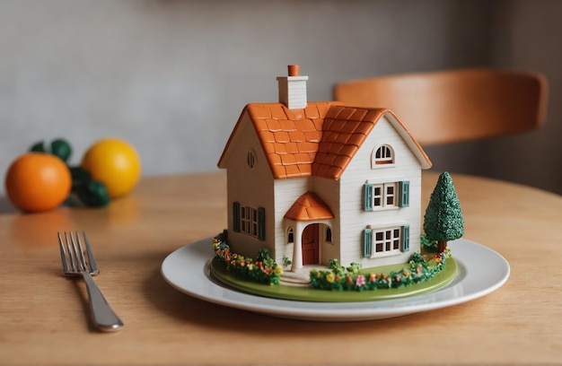 Photo la maison de jouets sur une assiette est comme un plat sur une table à manger le concept d'acquisition immobilière