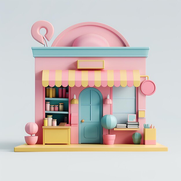 une maison de jouets avec une porte rose et une stationnaire à auvent jaune miniature sur fond blanc