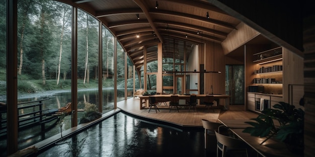 Maison de lac en bois à l'intérieur de la forêt