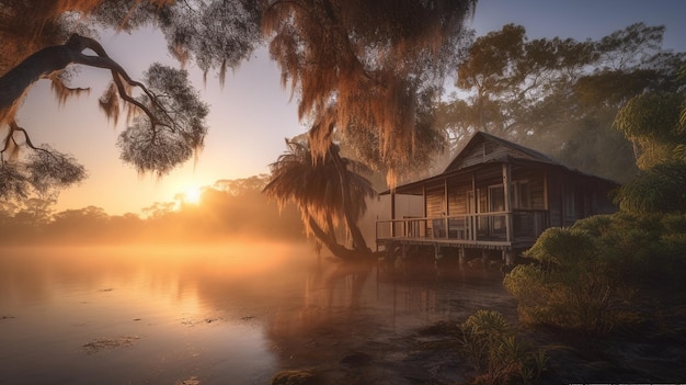 Une maison sur un lac avec un ciel brumeux