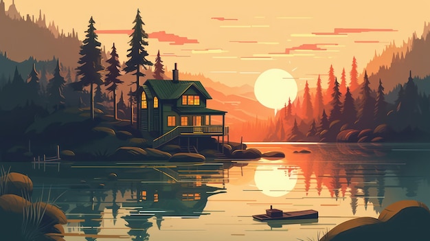 Une maison sur un lac avec un coucher de soleil en arrière-plan.