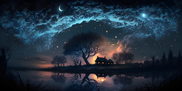 Une maison sur un lac avec une lune et des étoiles au-dessus