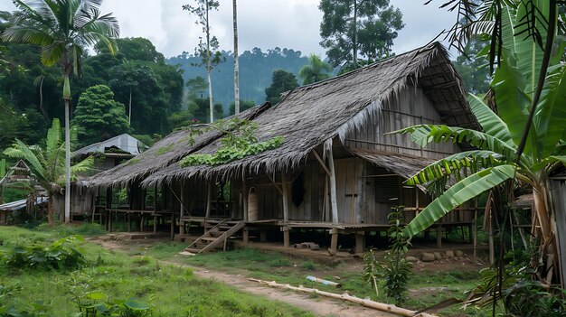 Photo une maison longue traditionnelle dans un village rural la maison longue est faite de bois et a un toit de chaume elle est entourée d'une végétation verte luxuriante