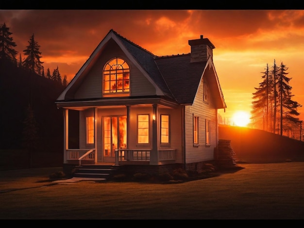 Une maison avec une lumière brûlante à l'intérieur du coucher de soleil