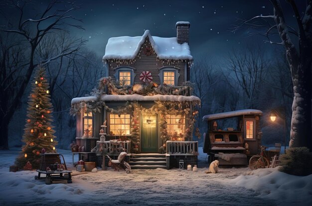 une maison avec des lumières de Noël et une cheminée est éclairée la nuit dans le style photoréaliste