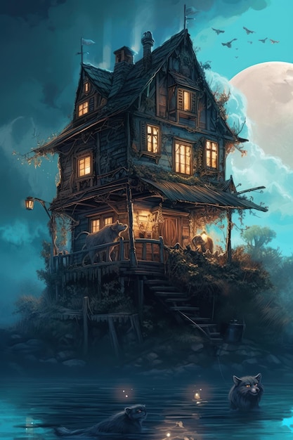 Une maison avec une lune au sommet