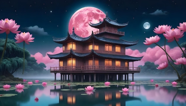 une maison avec une lune rose et une lune rosée dans le ciel