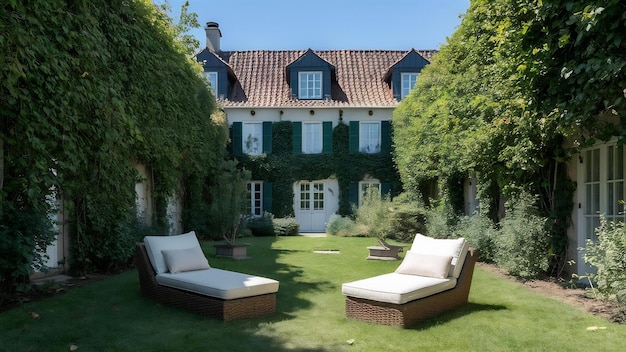 Photo maison de luxe, cour bien entretenue avec un jardin vert et des chaises longues confortables pour se détendre dans le jardin