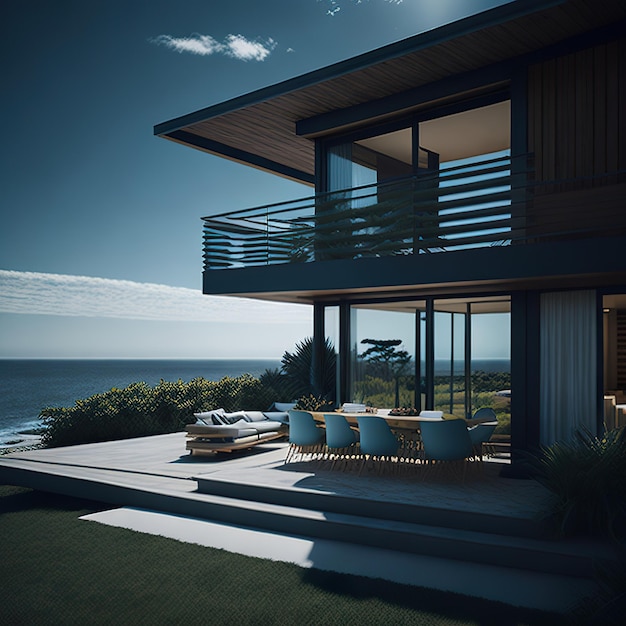 Maison de luxe avec un design moderne sur la plage avec la lumière du jour