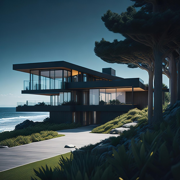 Maison de luxe avec un design moderne sur la plage avec la lumière du jour