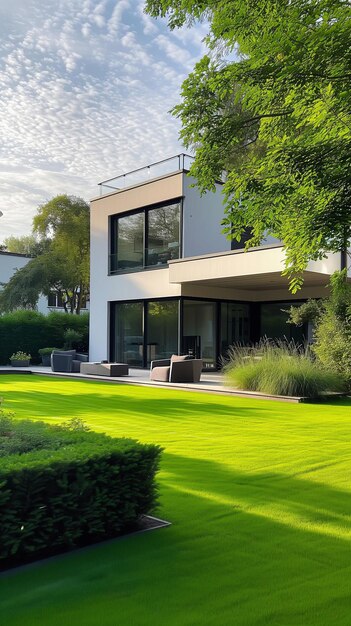 Une maison de luxe moderne, des fenêtres spacieuses, une verdure luxuriante, une vie de banlieue contemporaine.