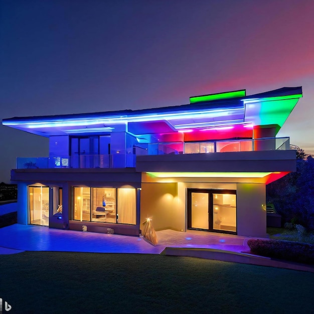 Une maison de luxe moderne avec une piscine devant au crépuscule