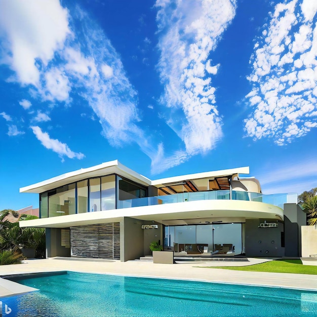 Une maison de luxe moderne avec une piscine devant un ciel bleu