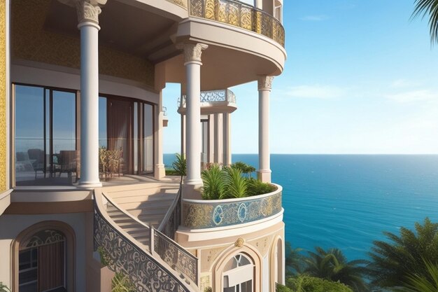 Photo maison de luxe avec vue sur la mer depuis le balcon et l'environnement vert