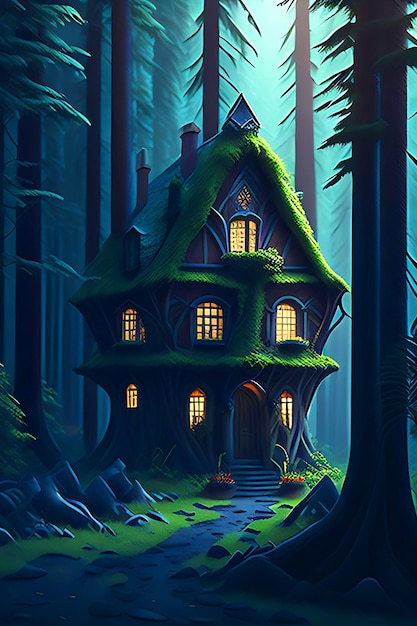 Maison magique de conte de fées dans la forêt