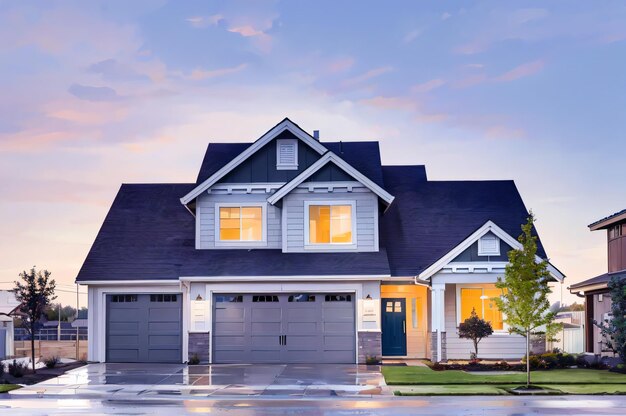 une maison avec une maison à l'avant et un garage à l'arrière-plan