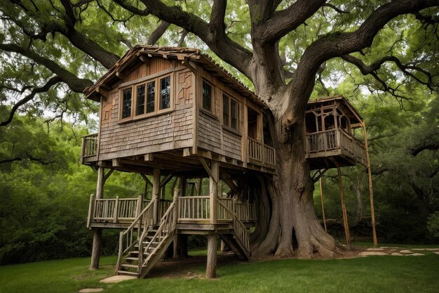 Une maison majestueuse dans l'arbre niché dans une forêt luxuriante