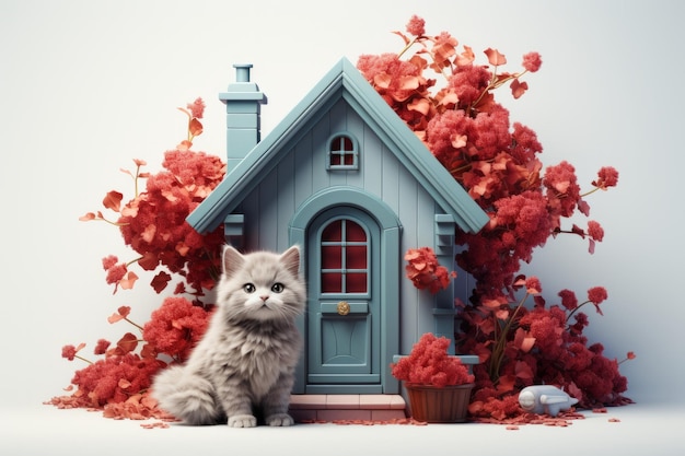 Une maison mignonne minimale avec une porte rouge vibrante une pelouse verte luxuriante et un chat sympathique IA générative