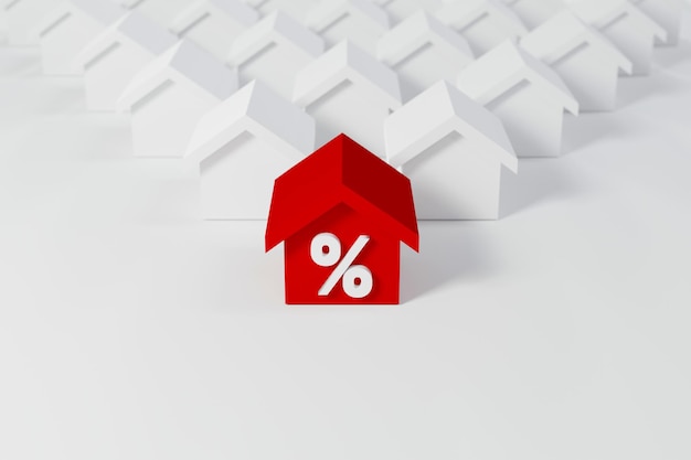 Maison miniature au toit rouge avec icône de pourcentage parmi les maisons blanches pour l'industrie de l'immobilier. illustration 3D