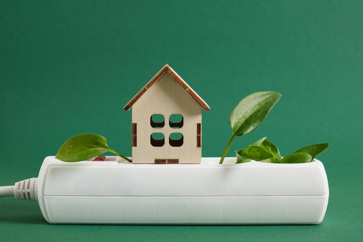 Photo maison miniature en bois fiche feuille verte protection contre les surtensions électricité écologique pour votre maison