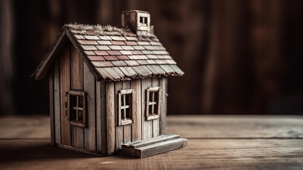 Maison miniature sur un fond en bois