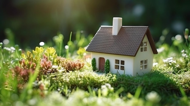 Maison miniature sur l'herbe verte avec fond bokeh Concept immobilier Generative AI