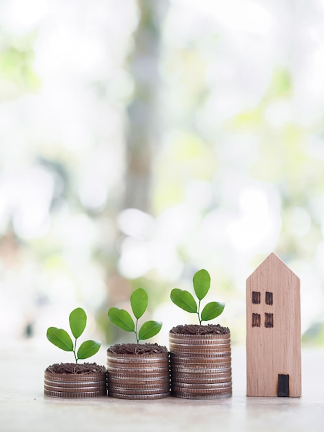 La maison en miniature et les plantes qui poussent sur une pile de pièces Le concept d'économiser de l'argent pour la maison Investissement immobilier Hypothèque immobilière