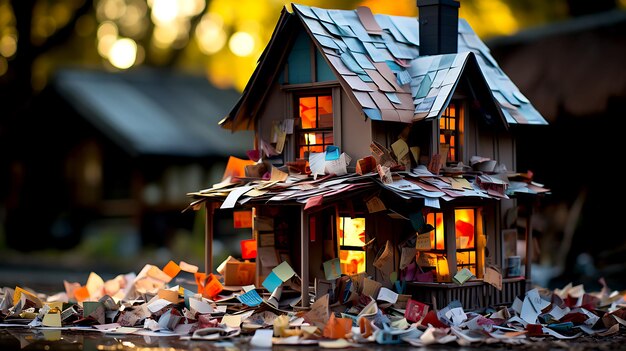 Maison miniature primaire faite de matériaux de jouets et de morceaux de papier déchirés avec le texte NOTRE PREMIÈRE MAISON