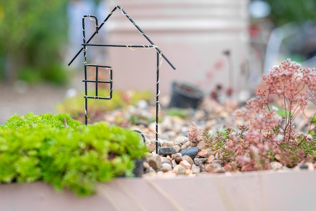 Une maison miniature se dresse sur des cailloux parmi la verdure