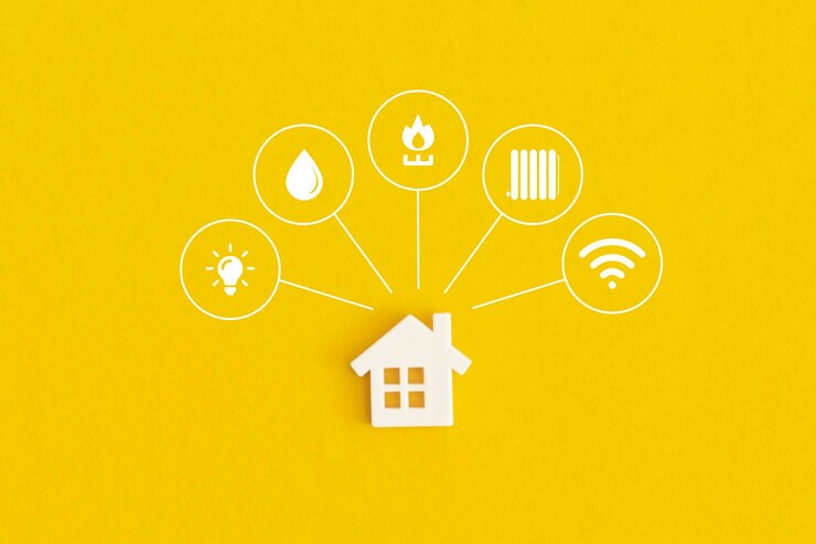 Maison miniature et symboles des services publics sur fond jaune Vue de dessus Mise à plat