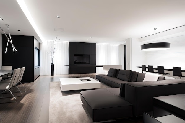 Maison minimaliste avec un mobilier élégant et moderne aux lignes épurées et un éclairage spectaculaire