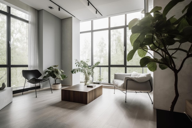 Maison minimaliste avec des plantes lumineuses naturelles et des meubles élégants