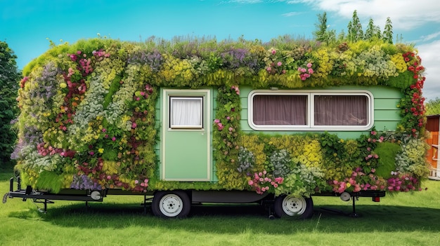 Maison mobile couverte de feuilles vertes avec de belles fleurs AI générative