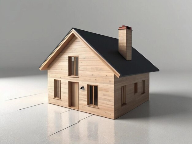 une maison modèle en bois avec un toit noir et une cheminée