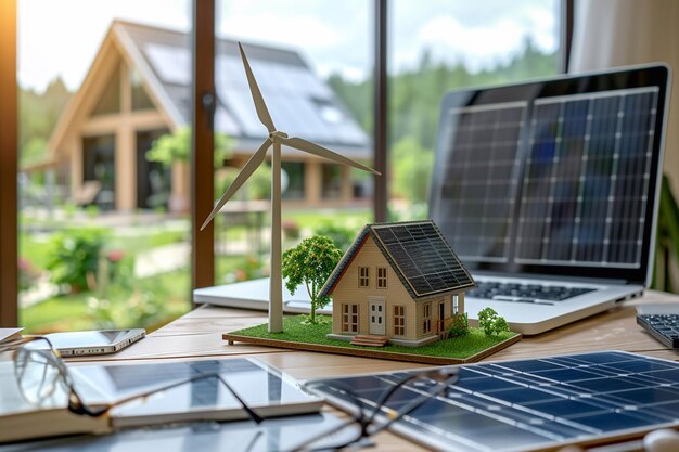 Une maison modèle entourée d'éoliennes et de panneaux solaires sur le bureau