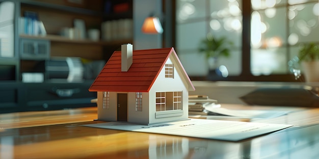 une maison modèle avec un toit rouge est assise sur une table