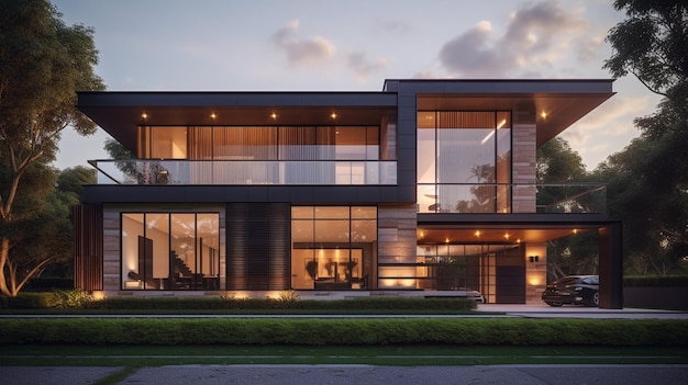 Une maison moderne avec un balcon et un balcon