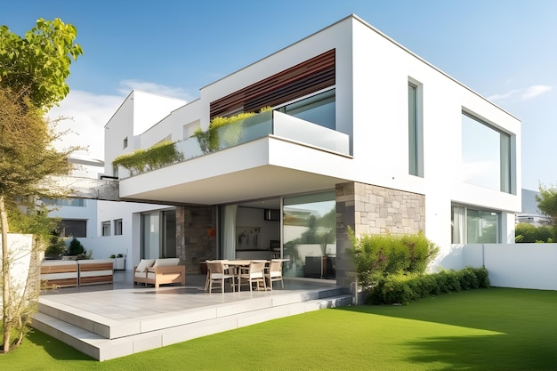 Une maison moderne avec un balcon et une table sur le patio.