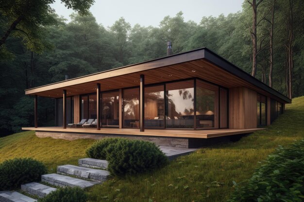 Maison moderne en bois dans un cadre naturel serein IA générative